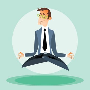 Businessman man practices yoga and hovers in the air