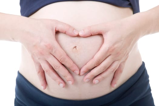 Closeup of pregnant woman, isolated on white