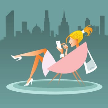 Girl sitting in the evening in a chair and talking on the phone, in the background the big city