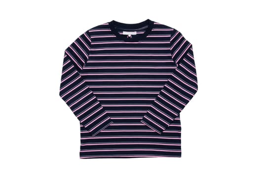 Striped shirt. Closeup of a black pink striped t-shirt with long sleeves isolated on a white background. Unisex summer fashion children.