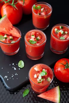 Cold gazpacho soup with tomatoes and water melon