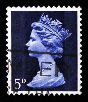 MOSCOW, RUSSIA - AUGUST 8, 2019: Postage stamp printed in United Kingdom shows Queen Elizabeth II - Predecimal Machin serie, circa 1968