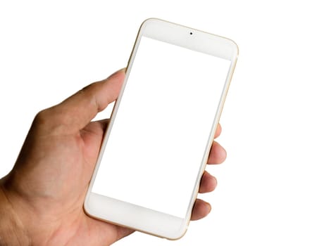 Hand with smart phone white screen isolated on white background