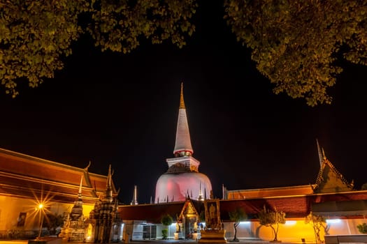 Temple with pagoda in night sky, Public in Thailand, Nakhon si thammarat province