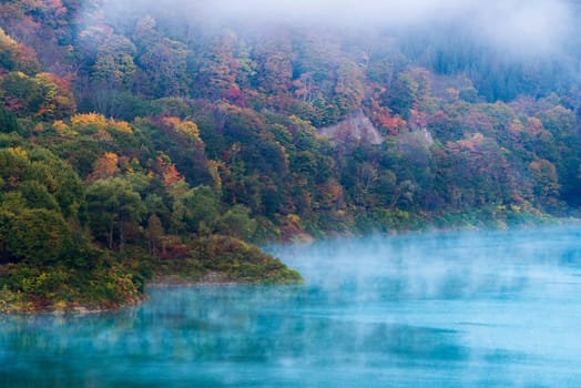 Morning Mist with Autumn Fall Lake and Forest at Tamagawa Dam in Akita Tohoku Japan