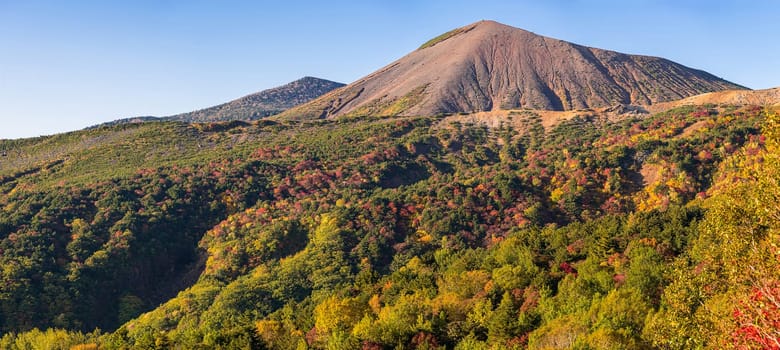 Panorama Autumn fall foliage Mountain at Bandai Azuma Skyline at Mt.Bandai in Fukushima Tohoku Japan