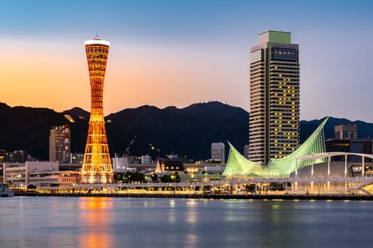 Kobe Port Tower at sunset Twilight in Kobe downtown Hyogo Kansai Japan