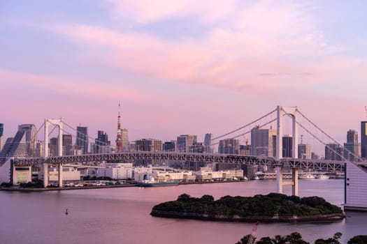 Aerial view of Tokyo skylines with Rainbow bridge and tokyo tower over Tokyo bay Sunrise dawn Twilight from Odaiba in Tokyo city Kanto Japan.