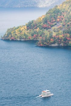 aerial view of Autumn fall mountain with Lake towada in Aomori Tohoku Japan