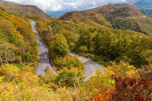 Autumn fall foliage Mountain at Bandai Azuma Skyline at Mt.Bandai in Fukushima Tohoku Japan