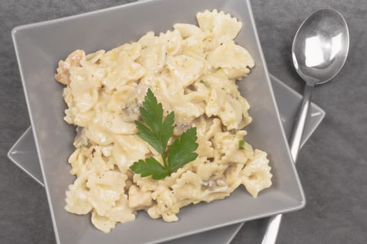 Pasta with cheese sauce and parsley decoration Italian food in gray square plate with spoon.