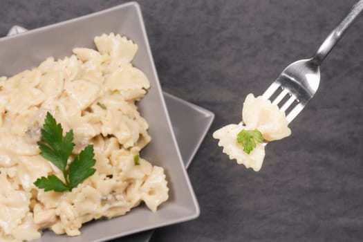 Pasta with cheese sauce and parsley decoration Italian food in gray square plate with fork.