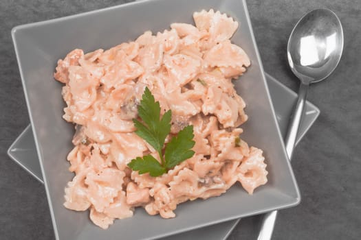Pasta Italian food in red sauce with parsley in gray square plate on gray background.