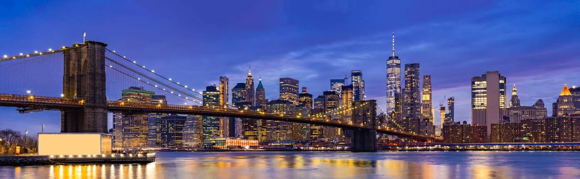 Panorama Brooklyn bridge with Lower Manhattan skyscrapers bulding for New York City in New York State NY , USA