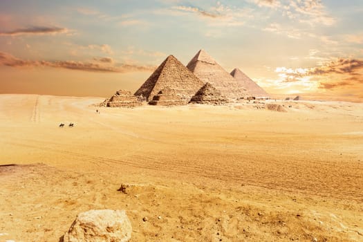 Giza Pyramids in the hot desert, Egypt.