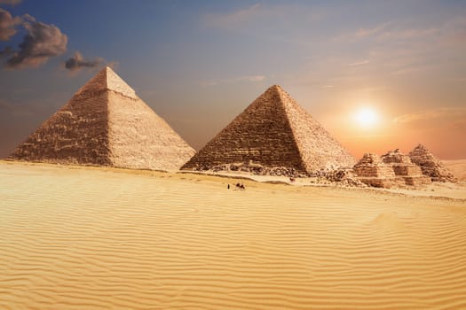 The Pyramid of Khafre and the Pyramid of Menkaure in Giza, beautiful egyptian scenery.