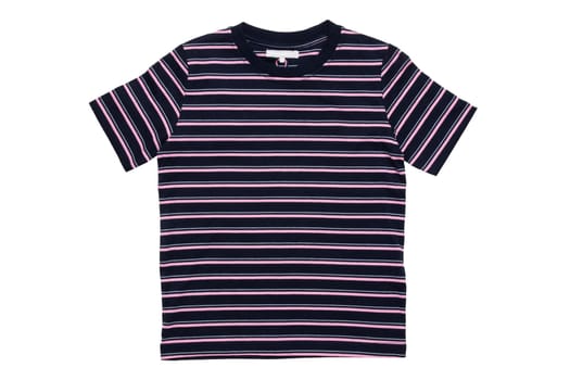 Striped shirt. Closeup of a black pink striped t-shirt with short sleeves isolated on a white background. Unisex summer fashion children.
