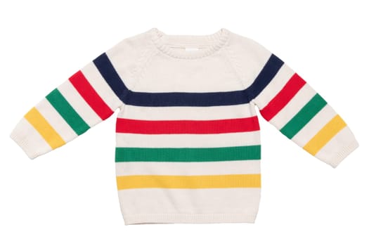 Autumn and winter children clothes. Close-up of colorful striped cozy warm sweater or pullover isolated on a white background. Kids autumn fashion.
