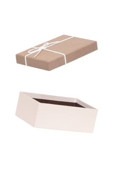 Decoration element isolated. Close-up of a open brown white present or gift box with white ribbon bow isolated on a white background. Birthday, valentine, wedding or other holidays. Macro.