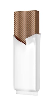 Chocolate wafer in white foil, isolated on white background