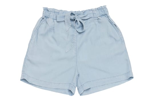 Summer shorts isolated. Closeup of a female stylish fashionable light blue short pant with ribbon bow isolated on a white background. Sexy woman fashion.