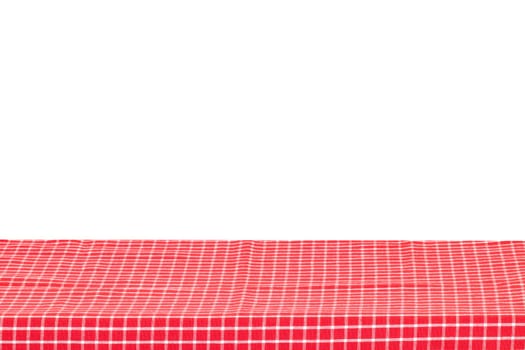 Empty table background. Empty wooden deck table covered with red white checkered tablecloth isolated on a white background. Space for your food and product display montage.