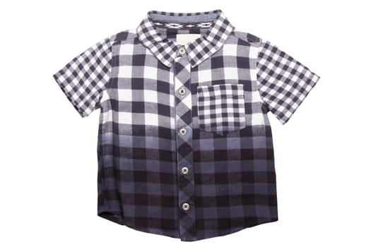 Checked shirts. Close-up of a gray white tartan or plaid shirt for boy isolated on a white background. Childrens summer fashion.