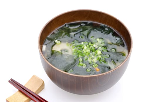 Japanese food, Miso soup of seaweed wakame on a bowl