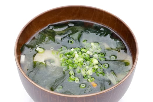 Japanese food, Miso soup of seaweed wakame on a bowl