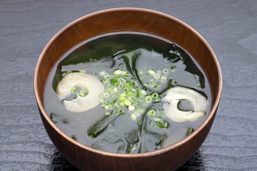 Japanese food, Miso soup of seaweed wakame on a bowl