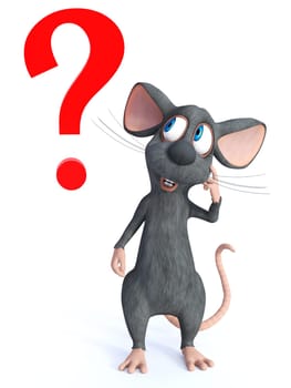3D rendering of a cute smiling cartoon mouse looking like he is thinking about something. A big red question mark is beside him. White background.