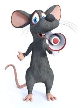 3D rendering of a cute smiling cartoon mouse holding and speaking into a megaphone, announcing something important. White background.
