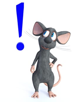 3D rendering of a cute smiling cartoon mouse looking at a big blue exclamation mark beside him. White background.