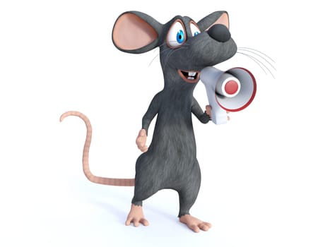 3D rendering of a cute smiling cartoon mouse holding and speaking into a megaphone, announcing something important. White background.