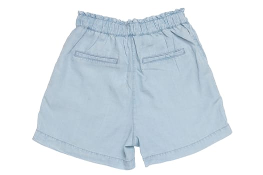 Summer shorts isolated. Closeup of a female stylish fashionable light blue short pant with ribbon bow isolated on a white background. Sexy woman fashion. Back side view.