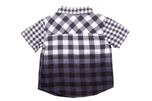 Checked shirts. Close-up of a gray white tartan or plaid shirt for boy isolated on a white background. Childrens summer fashion. Back side view.