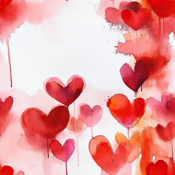 This tile showcases a collection of watercolor red hearts in different sizes and shades, blending harmoniously on a light background, ideal for decorative purposes and festive occasions.