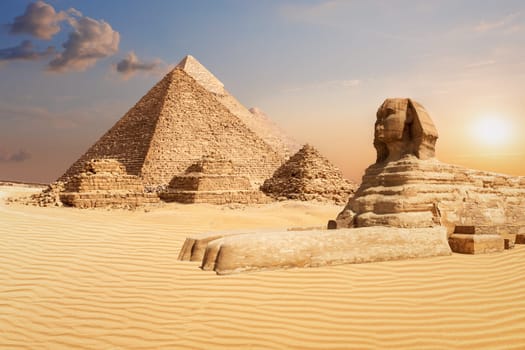The Pyramids and the Sphinx of Giza, famous world landmark scenery.