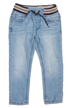 Fashionable denim clothes. Trendy blue jeans trousers with ribbon bow isolated on a white background. Fashionable jeans for child boy.