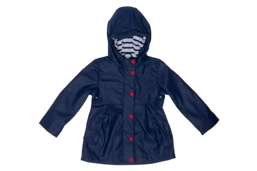 Rain jacket. Close-up of elegant waterproof marine blue zipper windbreaker jacket and hood for girls isolated on a white background. Kids fashion for rain season.