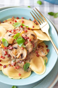 Italian tortelli pasta with a creamy mushroom sauce
