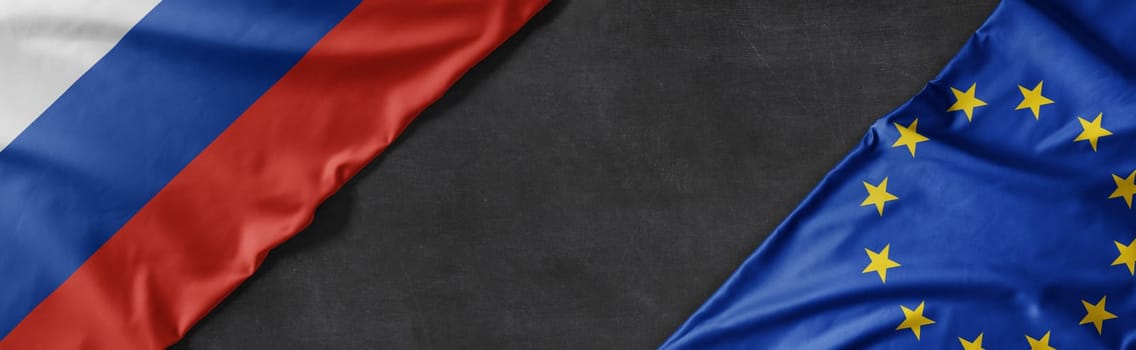 Flags of Russia and the European Union with copy space