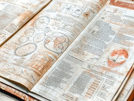 An intricate infographic highlights geographic maps, graphs, and data entries from a historical journal, showcasing important geographical research and insights.
