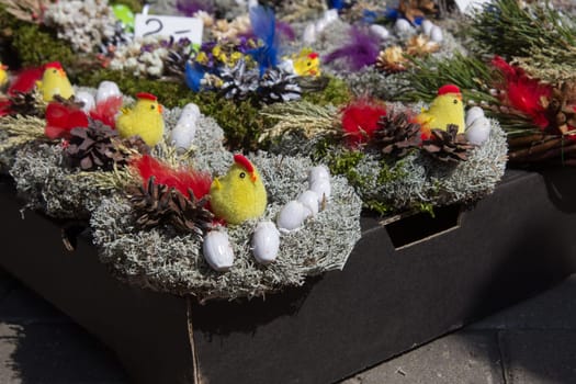 Easter market in Europe. Handmade Easter decorations on market