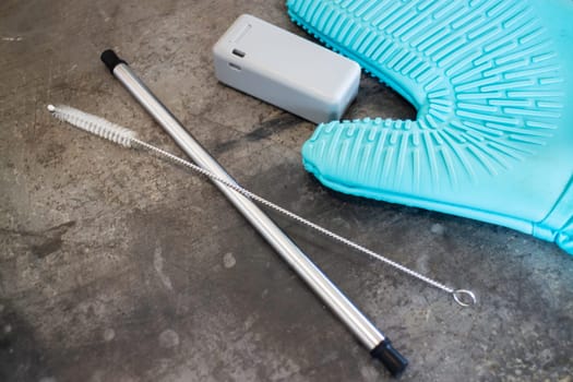 Reusable collapsible drinking straw and folding box, stock photo