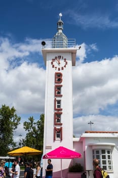 View of the clock tower of the Belem Ferry Terminal, a river pier built in 1936 in Lisbon, Portugal