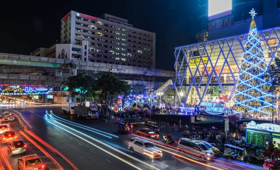 BANGKOK, THAILAND - JANUARY 1, 2015 : Night illumination of Christmas and New Year celebration 2015 at Central World shopping mall, Ratchaprasong intersection in Bangkok, Thailand
