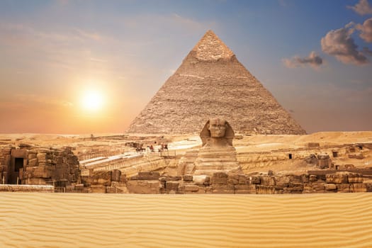 Wonderful view on the Sphinx and the Pyramid of Chephren in Egypt.