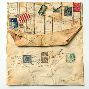 The picture showcases an aged envelope adorned with various vintage stamps and handwritten notes, evoking memories of past communications and a bygone era.