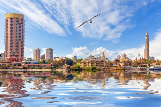 The Nile and famous sky-scrappers of Cairo, Egypt.